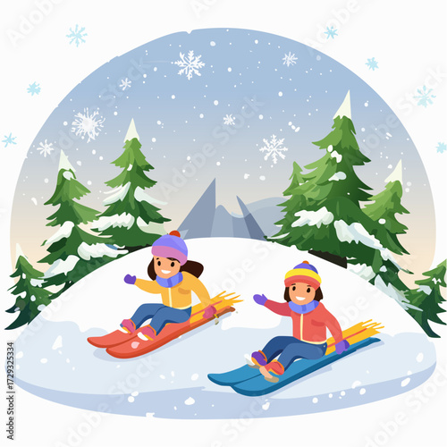 A snowy hillside with kids sledding while snowflakes fall, surrounded by pine trees.