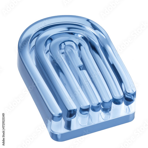 Smooth, glossy, light-blue geometric design appears against a stark black background, emphasizing the polished, reflective surfaces and simple, abstract shapes which create an intriguing visual...