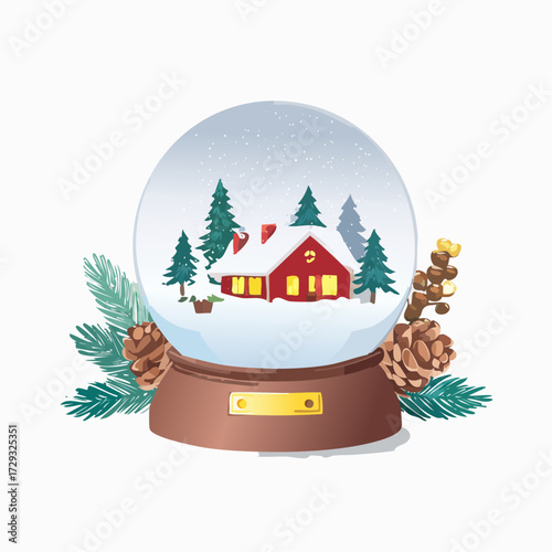 A snow globe showing a wintery Christmas village glowing softly, surrounded by pinecones and berries.