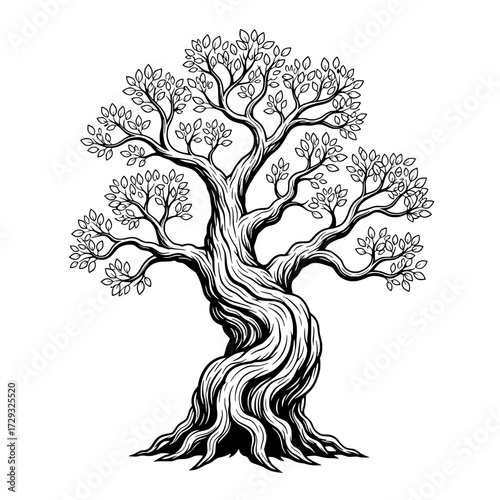 Ancient Tree Illustration: A captivating monochrome illustration of a majestic ancient tree, featuring a robust trunk and intricate branches, its leaves rustling softly in the breeze.