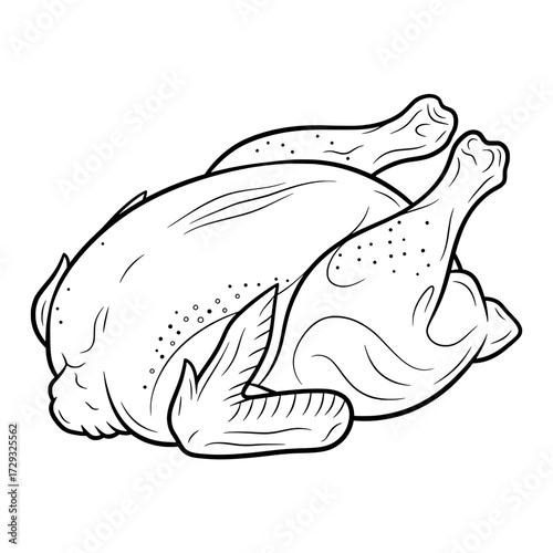 Roast Chicken Culinary Delight: a detailed, monochrome illustration of a perfectly roasted chicken, inviting viewers to savor the savory promise of a delicious meal.