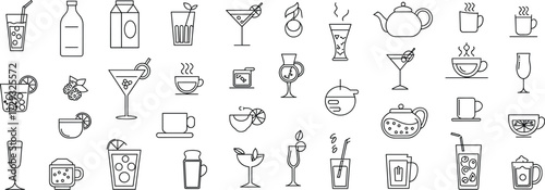 Drink and beverage icons, cups bottles and glasses, black and white line art, minimal drinkware graphics, cocktail coffee visuals, refreshment vector set
