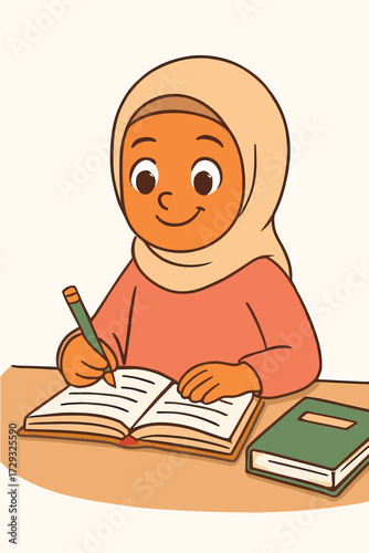 Student hijab character studying happily, cartoon vector.