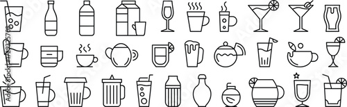 Drink and beverage icons, cups bottles and glasses, black and white line art, minimal drinkware graphics, cocktail coffee visuals, refreshment vector set