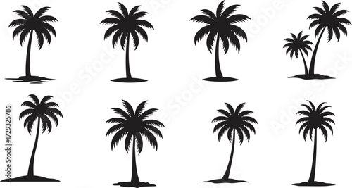 Black silhouette palm trees vector illustration set with tropical variations, hammock between trunks, summer vacation nature design for beach holiday artwork
