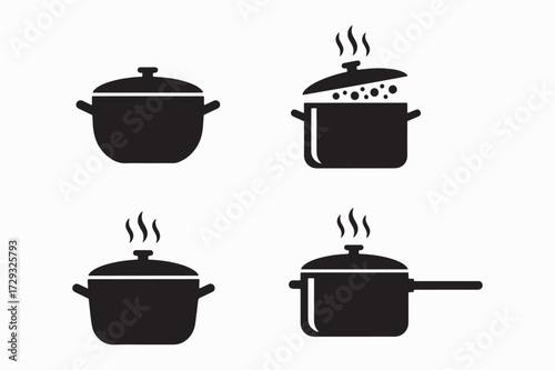 Set of four black cooking pots and pans with steam icons kitchenware culinary symbols
