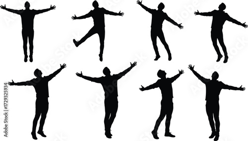 Black silhouette people celebrating with raised arms in joyful dynamic poses, expressing happiness, freedom, success, dance, victory, excitement, positive energy