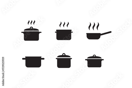 Collection of six simple black silhouette cooking pots with steam indicating hot food preparation