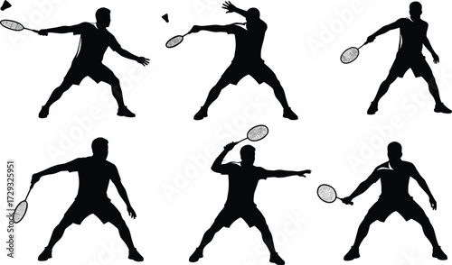 Black silhouette vector illustration of badminton players in multiple action poses with racket and shuttlecock, sports activity design for stock