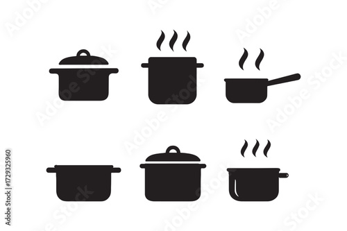 Collection of six silhouette cooking pots and pans icons simple kitchenware food preparation elements
