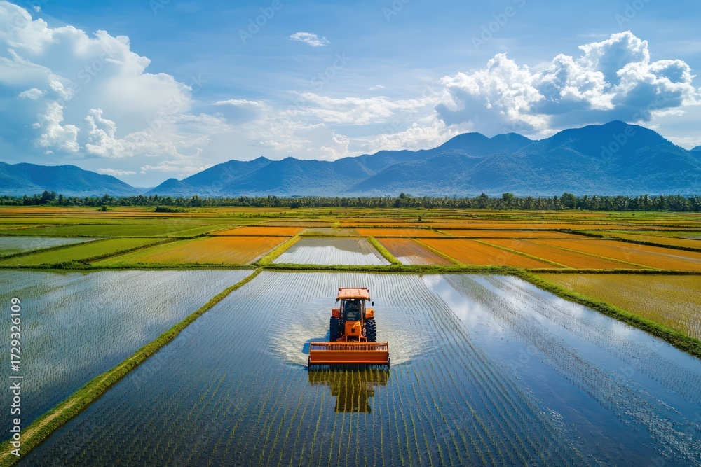 Fototapeta premium Big Orange Harvester Cutting Through Asian Rice