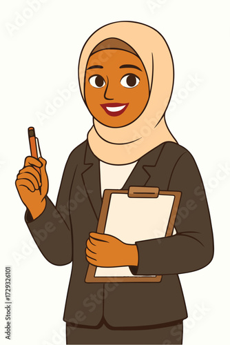 Hijab businesswoman holding clipboard, vector illustration
