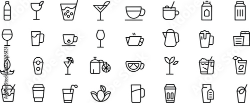 Drink and beverage icons, cups bottles and glasses, black and white line art, minimal drinkware graphics, cocktail coffee visuals, refreshment vector set