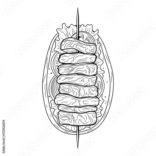 Charcoal-Sketched Skewer Delight: A detailed charcoal sketch portrays a mouthwatering skewer, laden with perfectly grilled, savory bites atop a bed of fresh, crisp salad.