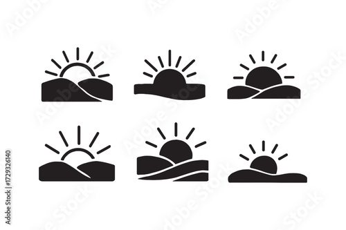 Set of six stylized sunrise sunset icons representing dawn dusk daybreak hope and new beginnings