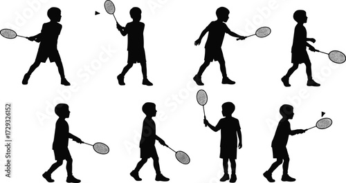 Black silhouette vector illustration of badminton players in multiple action poses with racket and shuttlecock, sports activity design for stock