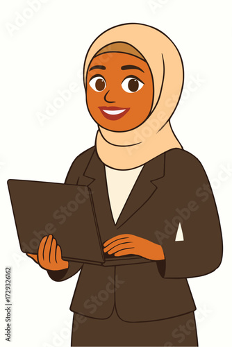 Professional hijab lady with laptop, cartoon vector.