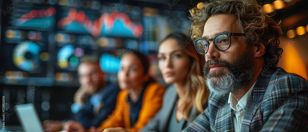 Fototapeta premium A diverse team analyzing data charts in a modern office