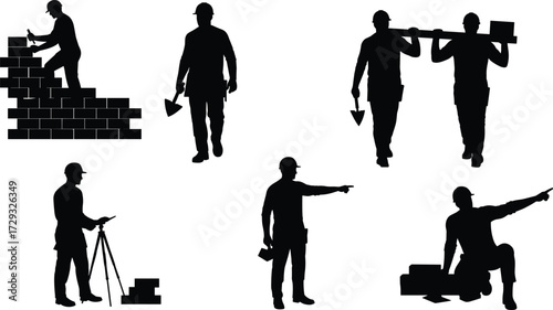 Silhouette collection of professional masons, bricklayers, and construction workers in various poses, including building, walking, and pointing for labor concepts