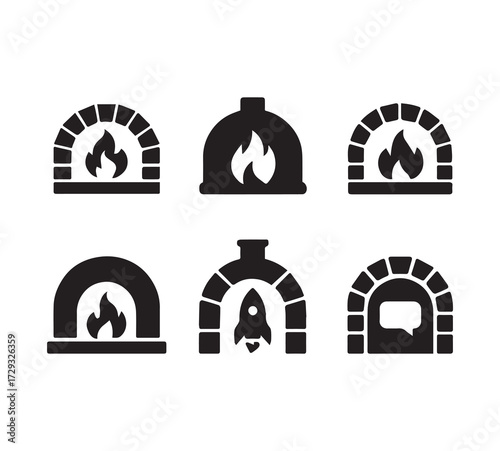 Six pizza oven icons set fireplace hearth baking cooking restaurant food service flame