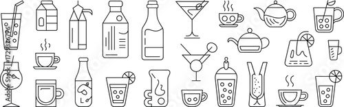 Drink and beverage icons, cups bottles and glasses, black and white line art, minimal drinkware graphics, coffee cocktail visuals, refreshment vector set