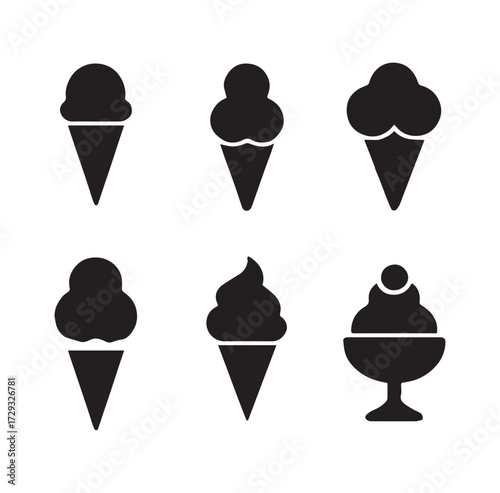 Collection of six black ice cream icons representing different flavors and styles perfect for summer treats