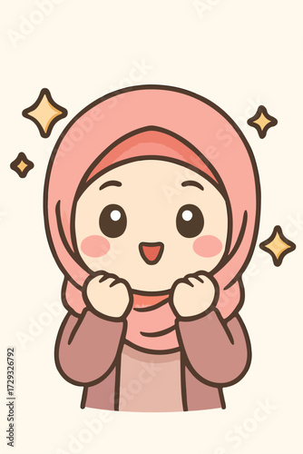 Kawaii hijab chibi cartoon with stars, cute vector.