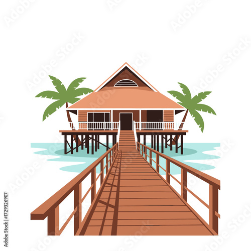 A wooden pier leads to a tropical bungalow on stilts, surrounded by palm trees.