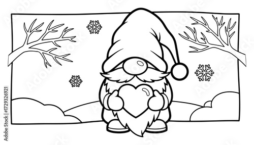 Winter Gnome with a Heart Coloring Page Illustration