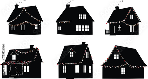 Christmas houses silhouette with festive lights and smoke chimneys, cozy winter holiday vector illustration for decoration, celebration, seasonal design and artwork