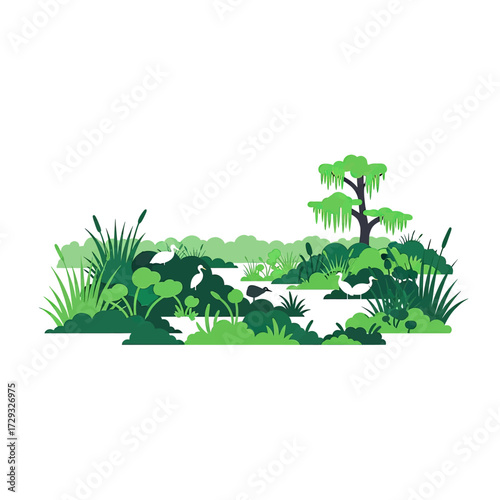 A flat vector illustration of a serene wetland ecosystem with white birds, lush green foliage, and a cypress tree.