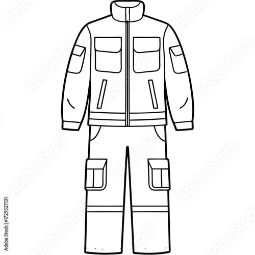 Black and white line art workwear set illustration