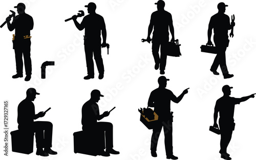 Collection of professional plumber silhouettes in various poses, including working with tools, sitting, and pointing for service and repair concepts