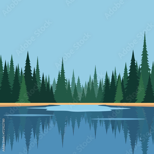 A serene forest landscape with a calm lake reflecting the tall evergreen trees under a clear blue sky.