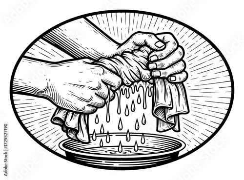 Hands Wringing a Wet Cloth in a Vintage Engraving Style