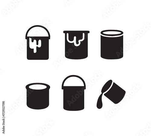 Set of six black paint bucket icons symbolizing creative projects and diy home renovation tools
