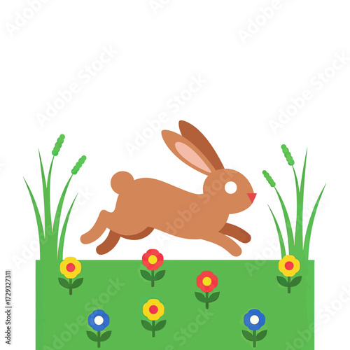 A cute brown rabbit leaping through a vibrant green meadow filled with colorful flowers and reeds.