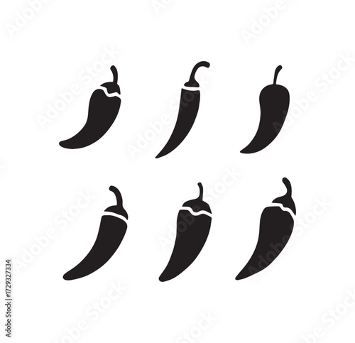Set of six black silhouette chili peppers simple graphic icon collection food ingredient