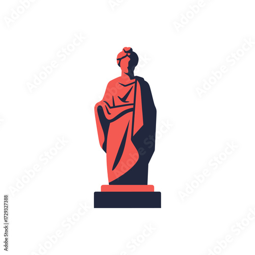 Stylized minimalist illustration of an ancient draped statue in red and dark blue on a white background, depicting a classical figure.