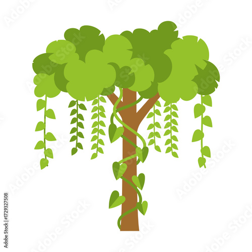 Stylized green tree with hanging vines and a brown trunk, a simple nature illustration on a white background.