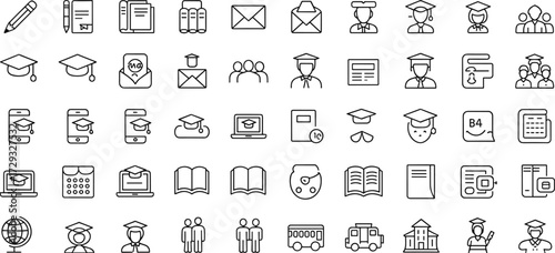 Education and academic icons, school learning symbols, black and white line art, student teacher graphics, minimal classroom visuals, digital study vector set