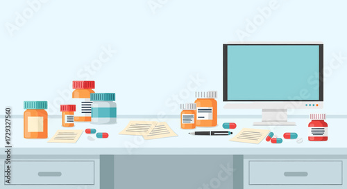 Pharmacy counter with various prescription medications and a computer.