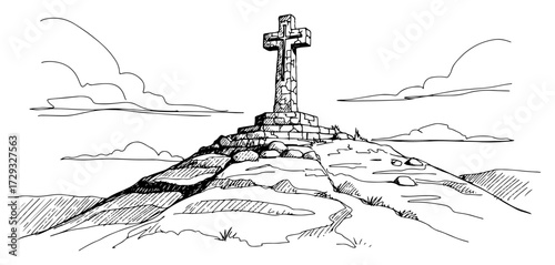 Hand Drawn Stone Cross on a Rocky Hilltop