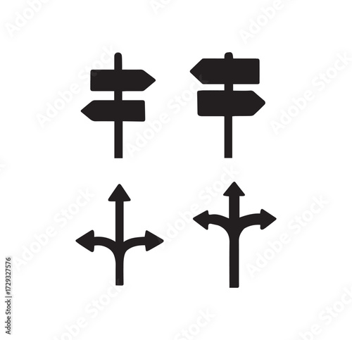 Set of four black directional arrow signs and crossroads symbols for navigation and decision making