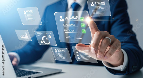 Modern Job Search Concept: Businessman Reviewing Digital Resumes on Laptop, Selecting Candidates with Skills, Experience, and Education Checks