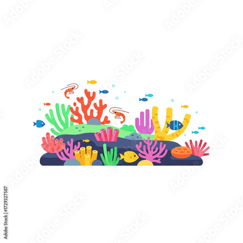 Illustration of a vibrant coral reef ecosystem, showcasing various marine life and colorful coral formations.