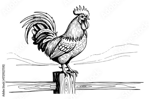 Hand Drawn Rooster on a Wooden Fence Post