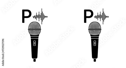 Podcast microphone icon with P letter and soundwave graphic.