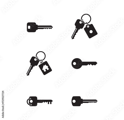 Set of six simple black and white silhouette icons representing various keys and keychains for security and access concepts