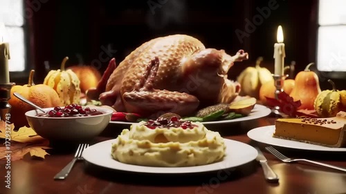 A festive Thanksgiving dinner table laden with a golden roasted turkey and classic side dishes.